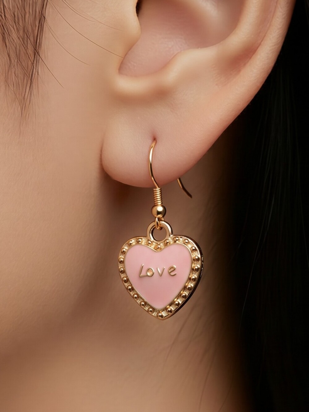 Cute Pink Heart Love Shaped Dangle Earrings Pierced Ears Girlfriend Jewelry Gift